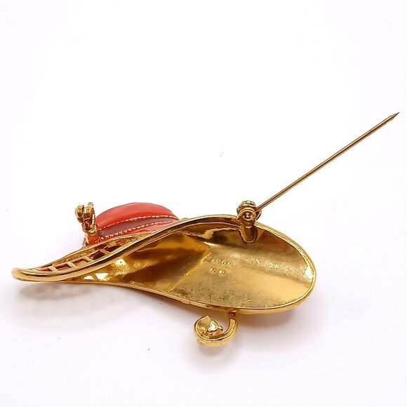 Vintage Avon Brooch Gold Tone Red Enamel Hat Rhinestone Flower Accents Lapel Pin - Picture 8 of 12